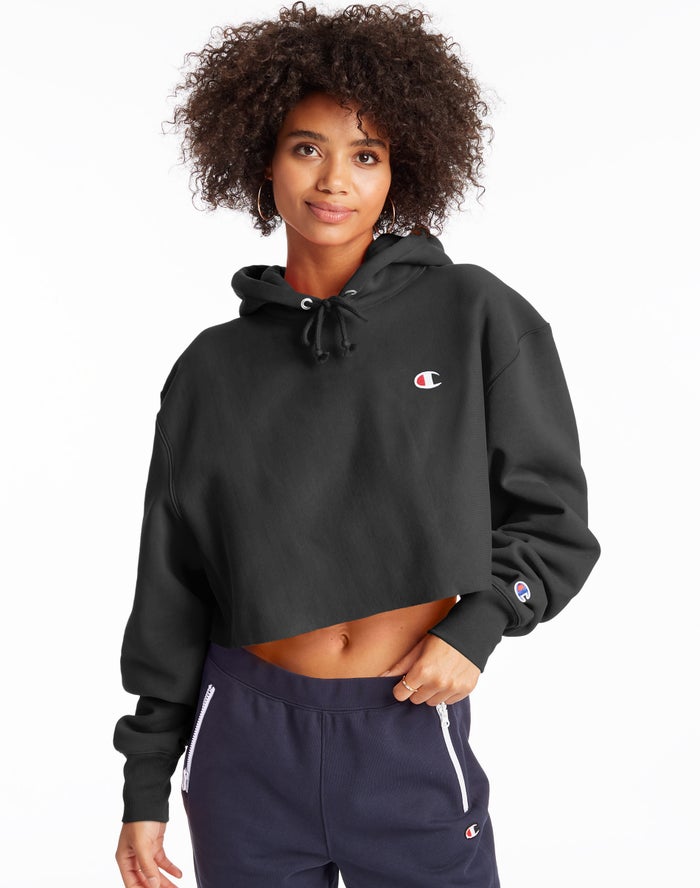 Champion Dame Hættetrøje Sort - Reverse Weave Cropped Cut-Off C Logo - Danmark HWN-783902